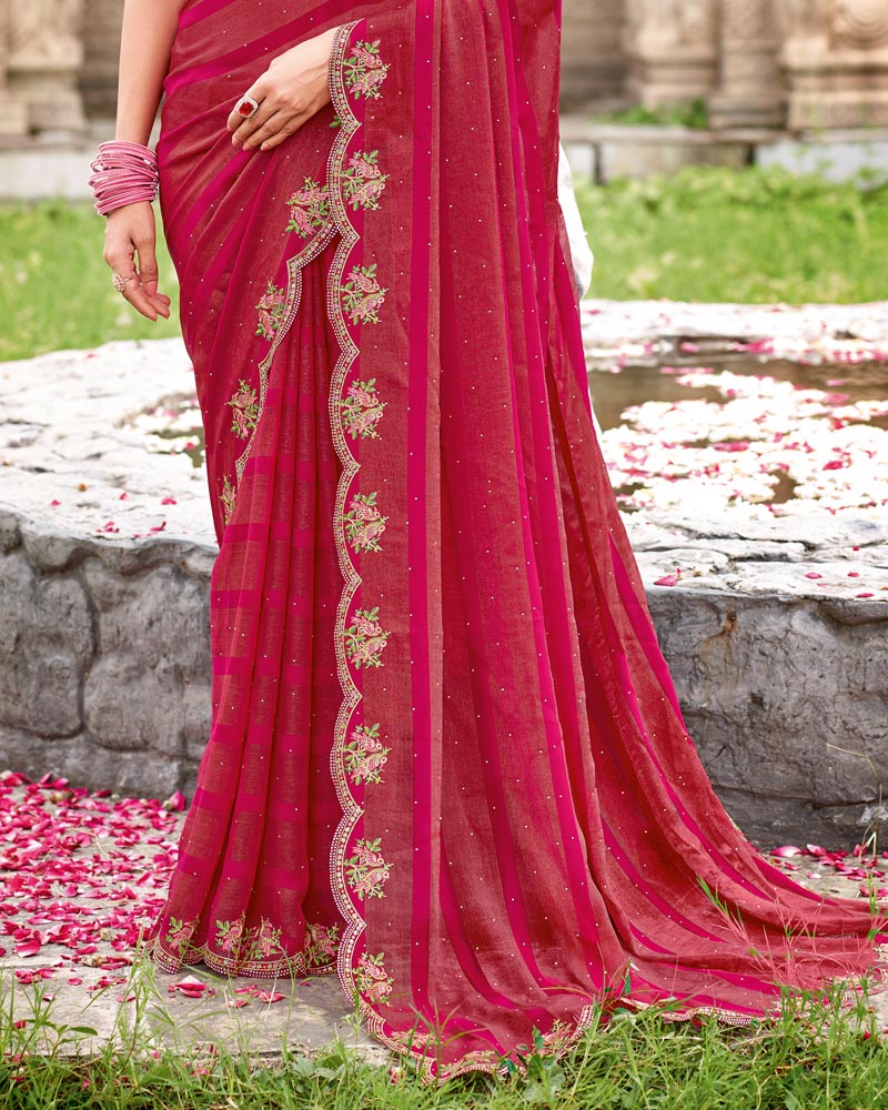 Vishal Prints Burgundy Designer Fancy Chiffon Saree With Diamond Work And Cut Work Embroidery Border