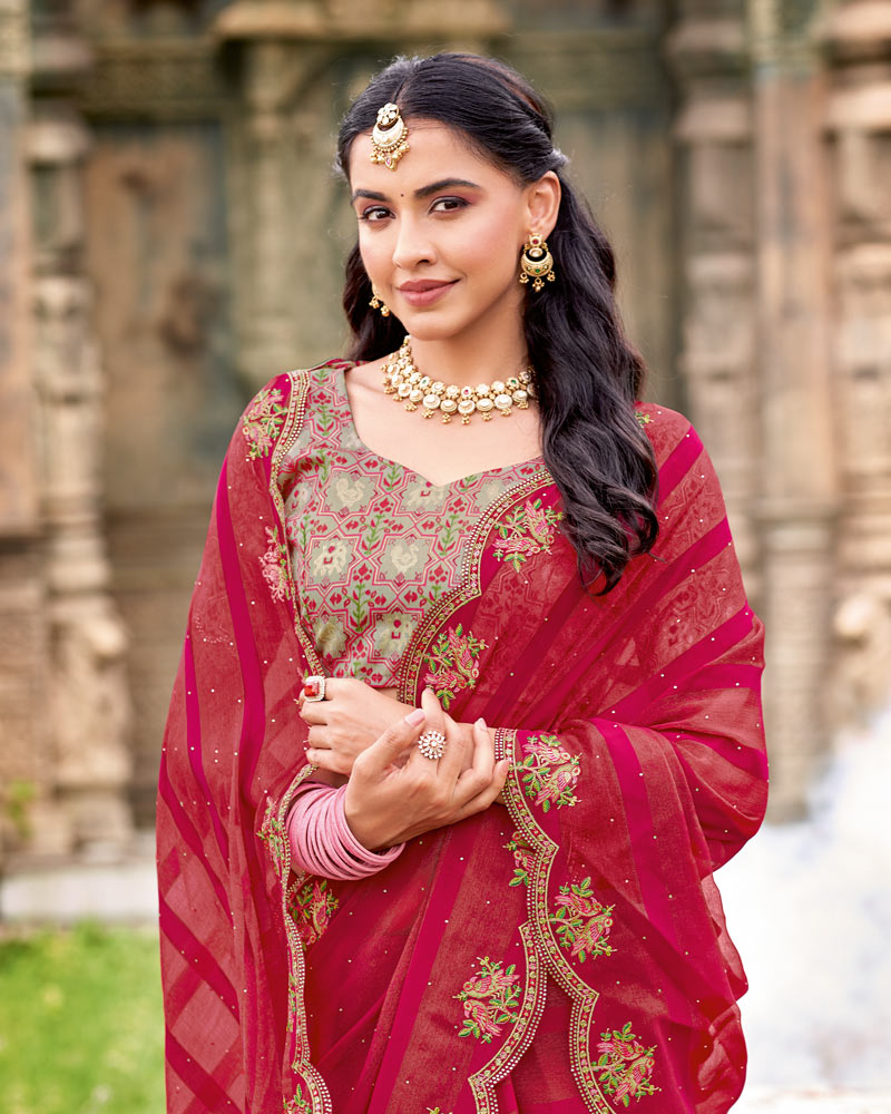 Vishal Prints Burgundy Designer Fancy Chiffon Saree With Diamond Work And Cut Work Embroidery Border