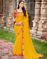 Vishal Prints Mustard Designer Fancy Chiffon Saree With Diamond Work And Cut Work Embroidery Border