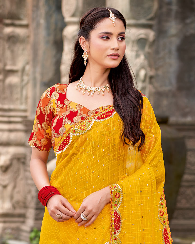 Vishal Prints Mustard Designer Fancy Chiffon Saree With Diamond Work And Cut Work Embroidery Border
