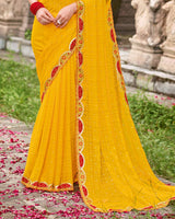 Vishal Prints Mustard Designer Fancy Chiffon Saree With Diamond Work And Cut Work Embroidery Border
