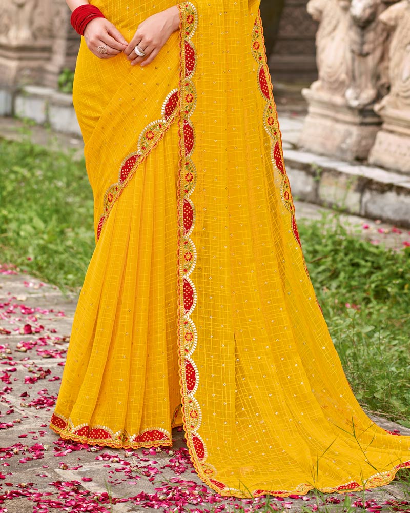 Vishal Prints Mustard Designer Fancy Chiffon Saree With Diamond Work And Cut Work Embroidery Border