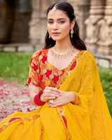 Vishal Prints Mustard Designer Fancy Chiffon Saree With Diamond Work And Cut Work Embroidery Border