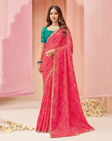 Vishal Prints Pinkish Red Printed Chiffon Saree With Fancy Cut Work Border