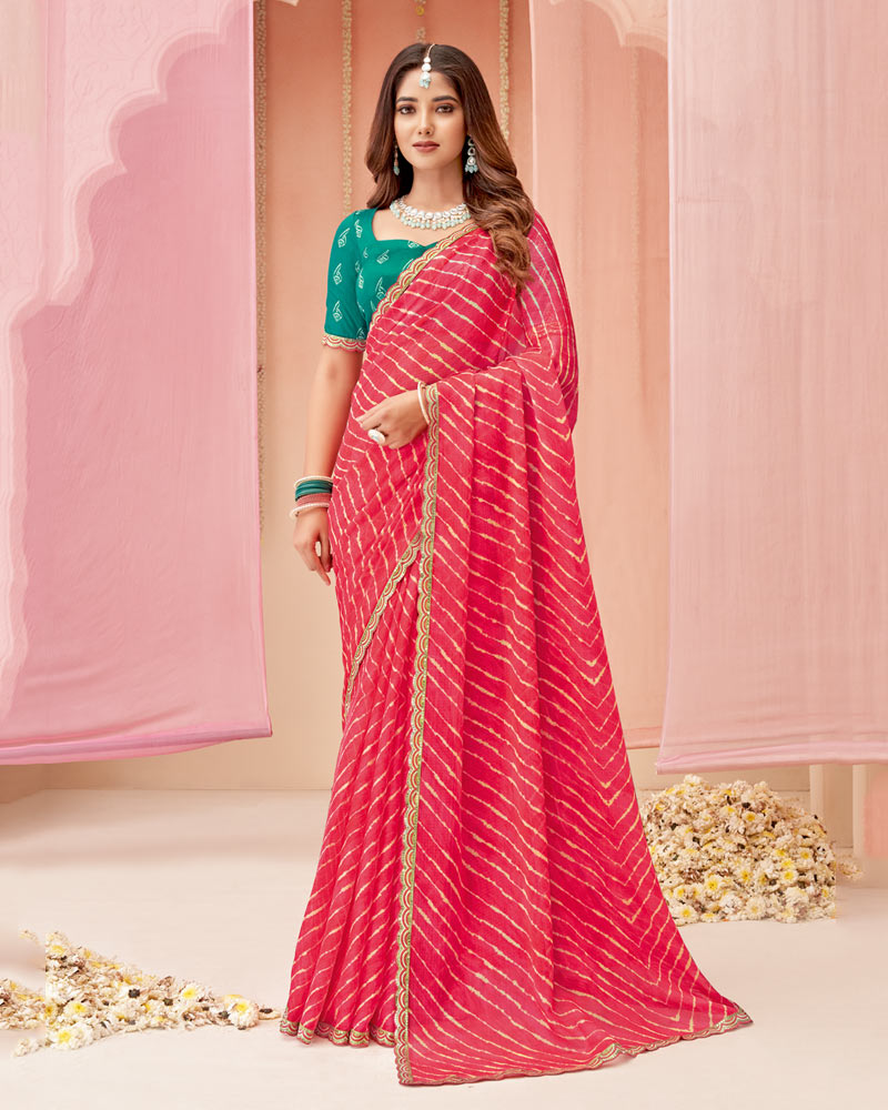 Vishal Prints Pinkish Red Printed Chiffon Saree With Fancy Cut Work Border