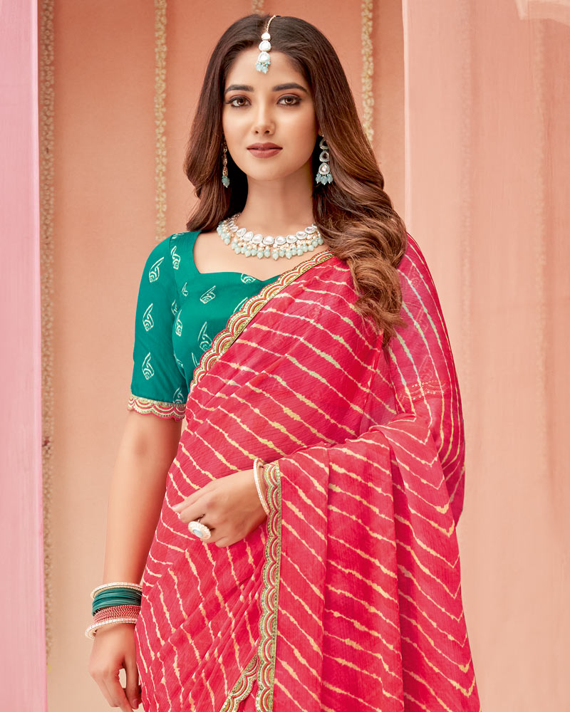 Vishal Prints Pinkish Red Printed Chiffon Saree With Fancy Cut Work Border