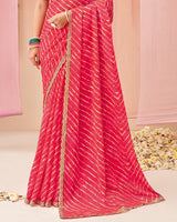 Vishal Prints Pinkish Red Printed Chiffon Saree With Fancy Cut Work Border