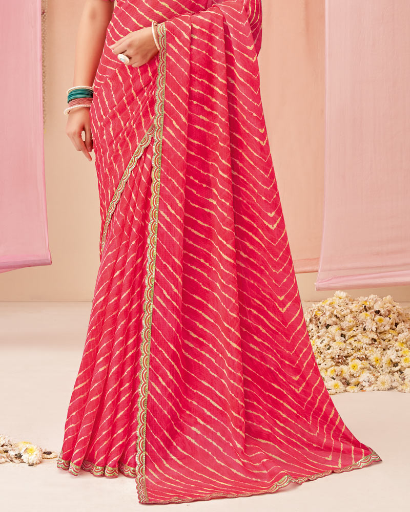 Vishal Prints Pinkish Red Printed Chiffon Saree With Fancy Cut Work Border
