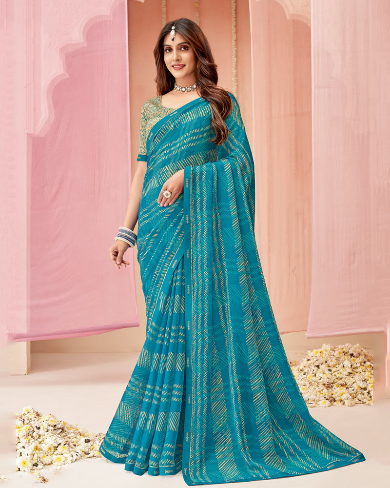 Vishal Prints Teal Blue Printed Chiffon Saree With Fancy Border