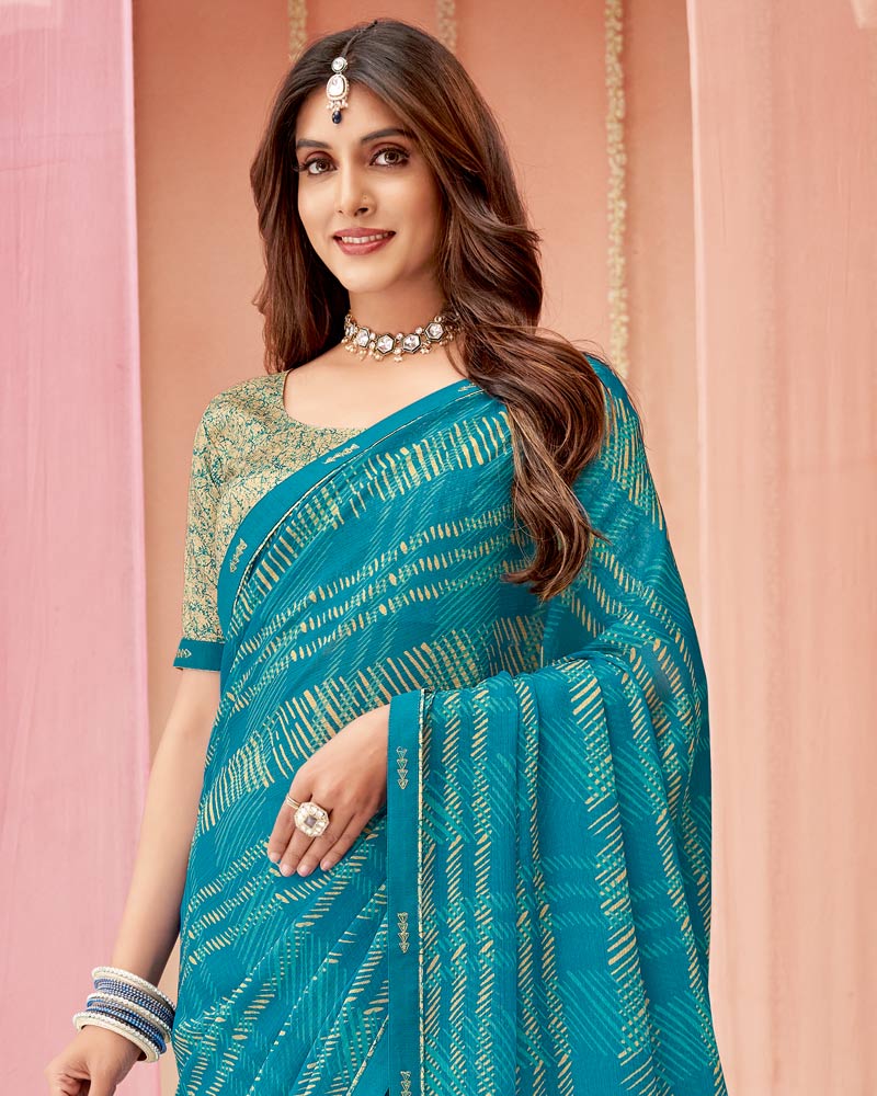 Vishal Prints Teal Blue Printed Chiffon Saree With Fancy Border