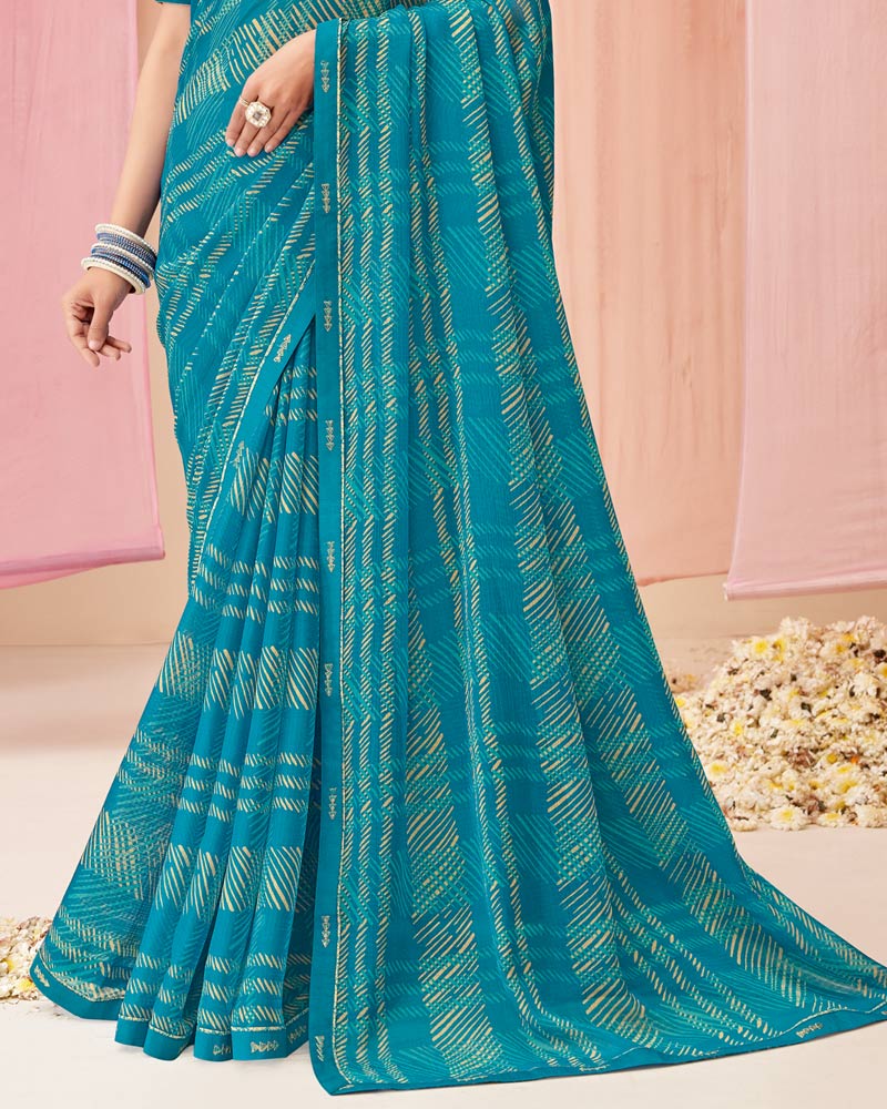 Vishal Prints Teal Blue Printed Chiffon Saree With Fancy Border