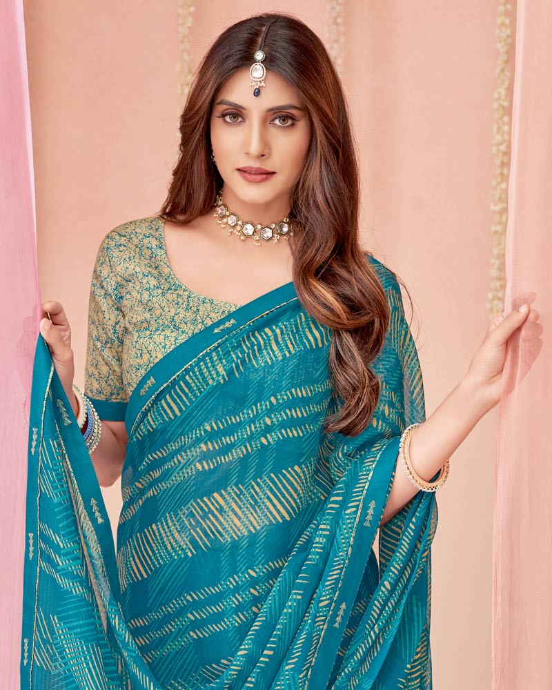 Vishal Prints Teal Blue Printed Chiffon Saree With Fancy Border