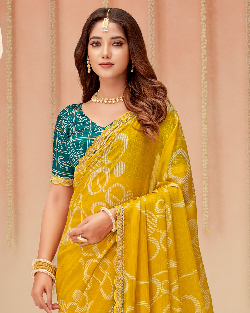 Vishal Prints Mustard Printed Chiffon Saree With Fancy Cut Work Border