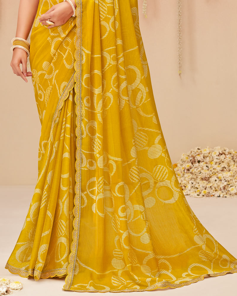 Vishal Prints Mustard Printed Chiffon Saree With Fancy Cut Work Border
