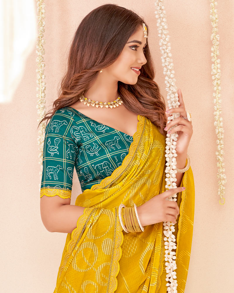 Vishal Prints Mustard Printed Chiffon Saree With Fancy Cut Work Border