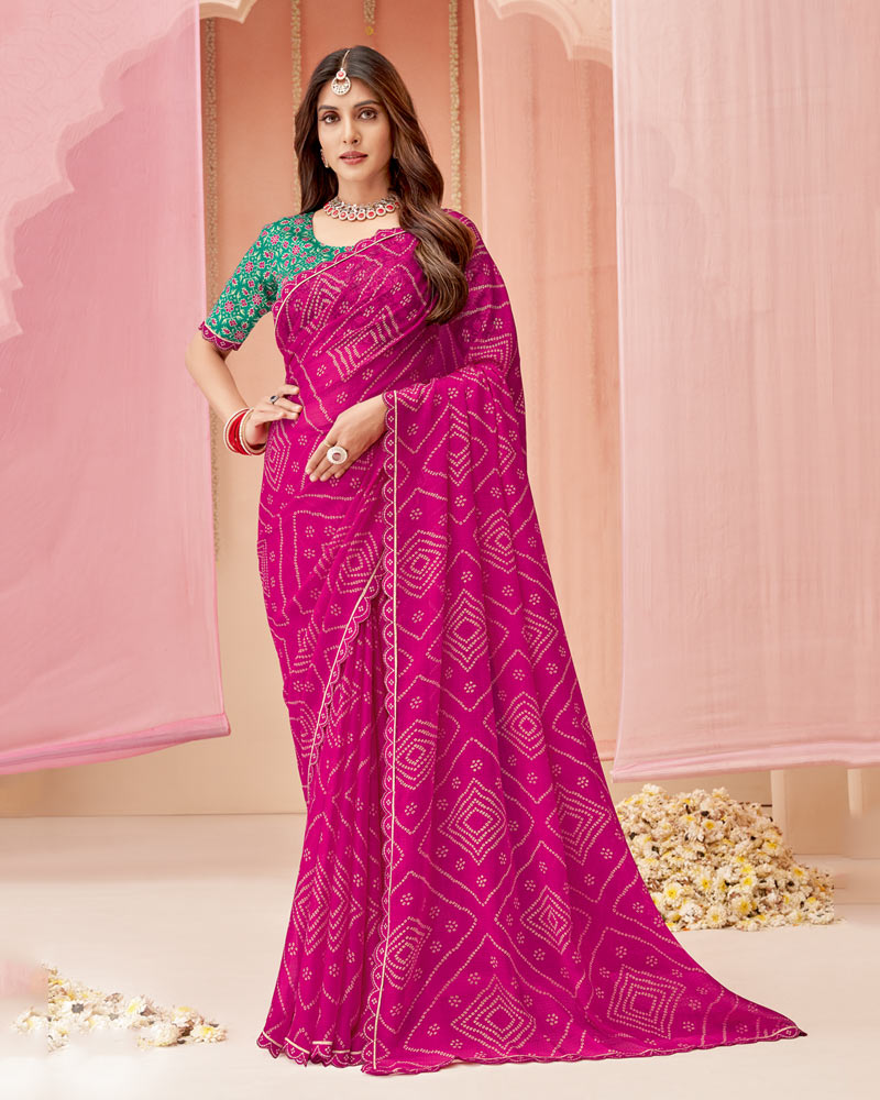 Vishal Prints Dark Fuchsia Printed Chiffon Saree With Fancy Cut Work Border