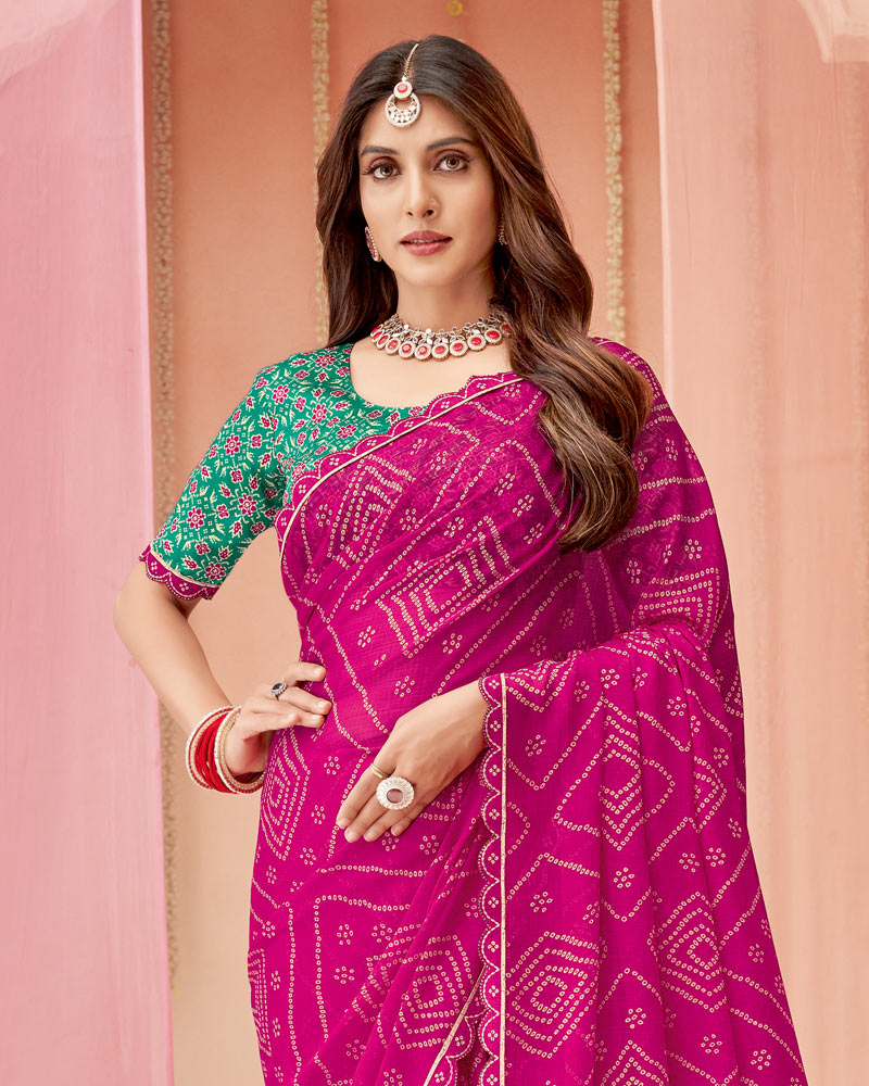 Vishal Prints Dark Fuchsia Printed Chiffon Saree With Fancy Cut Work Border