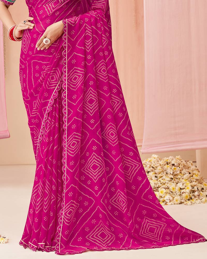Vishal Prints Dark Fuchsia Printed Chiffon Saree With Fancy Cut Work Border