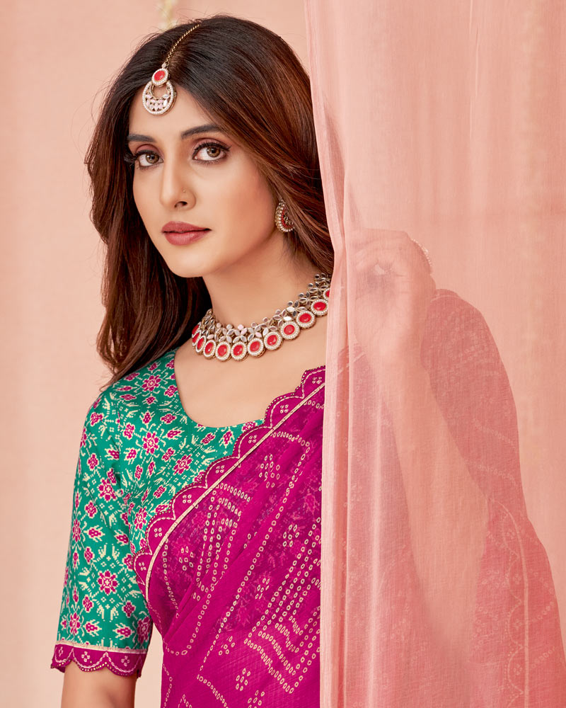 Vishal Prints Dark Fuchsia Printed Chiffon Saree With Fancy Cut Work Border