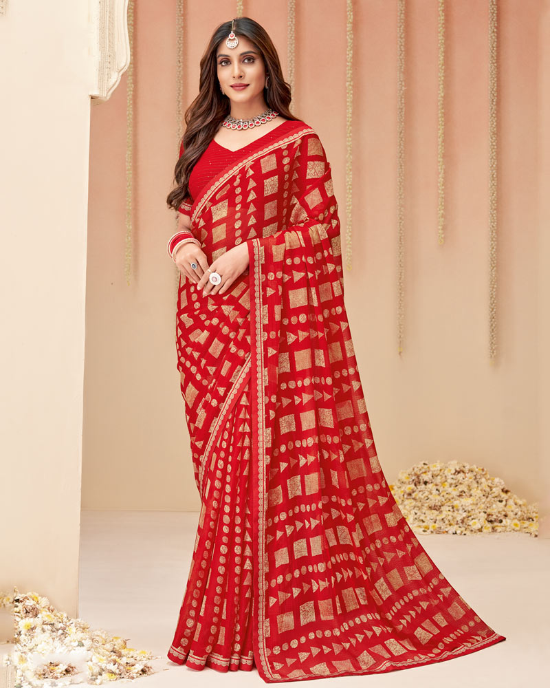 Vishal Prints Cherry Red Printed Chiffon Saree With Fancy Border