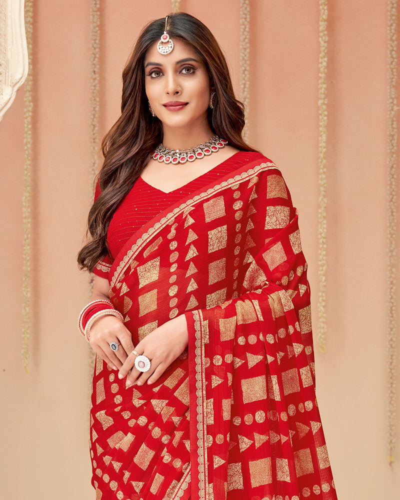 Vishal Prints Cherry Red Printed Chiffon Saree With Fancy Border