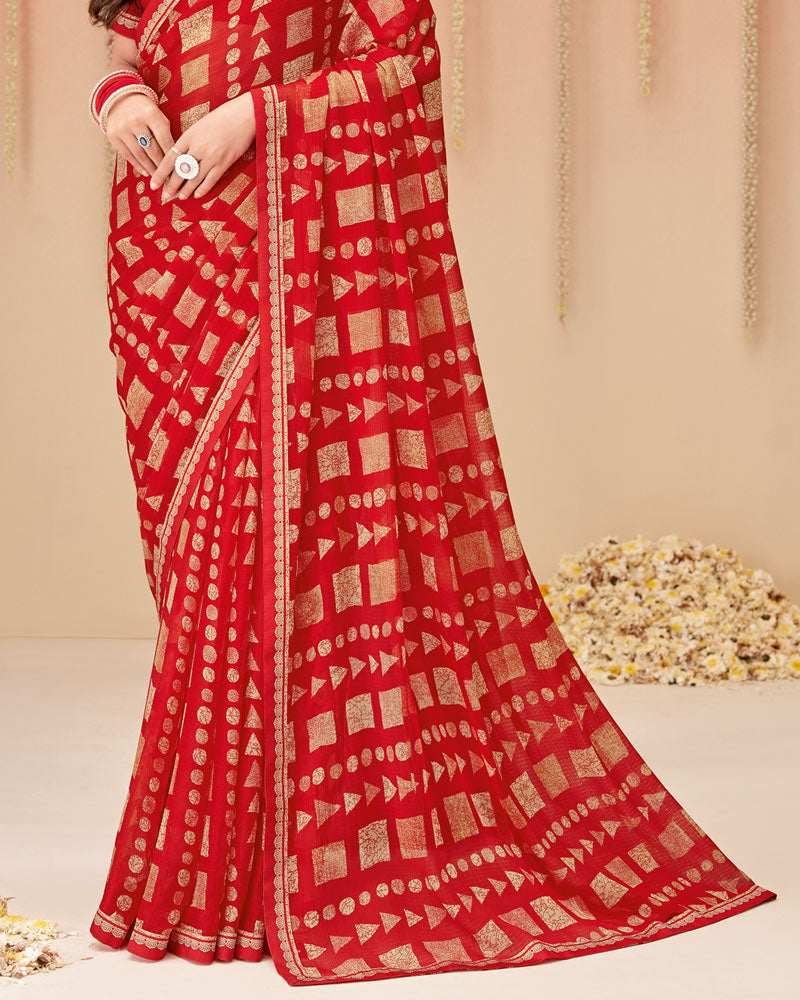 Vishal Prints Cherry Red Printed Chiffon Saree With Fancy Border