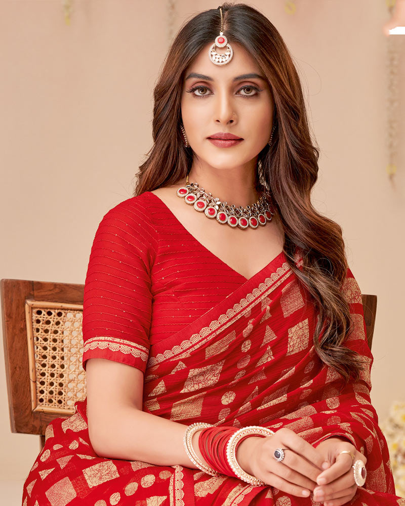 Vishal Prints Cherry Red Printed Chiffon Saree With Fancy Border