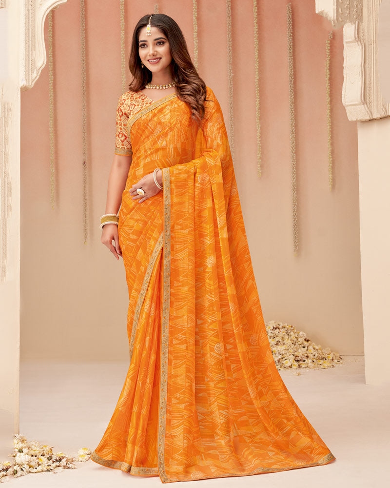 Vishal Prints Saffron Color Printed Chiffon Saree With Fancy Embroidery Work Border