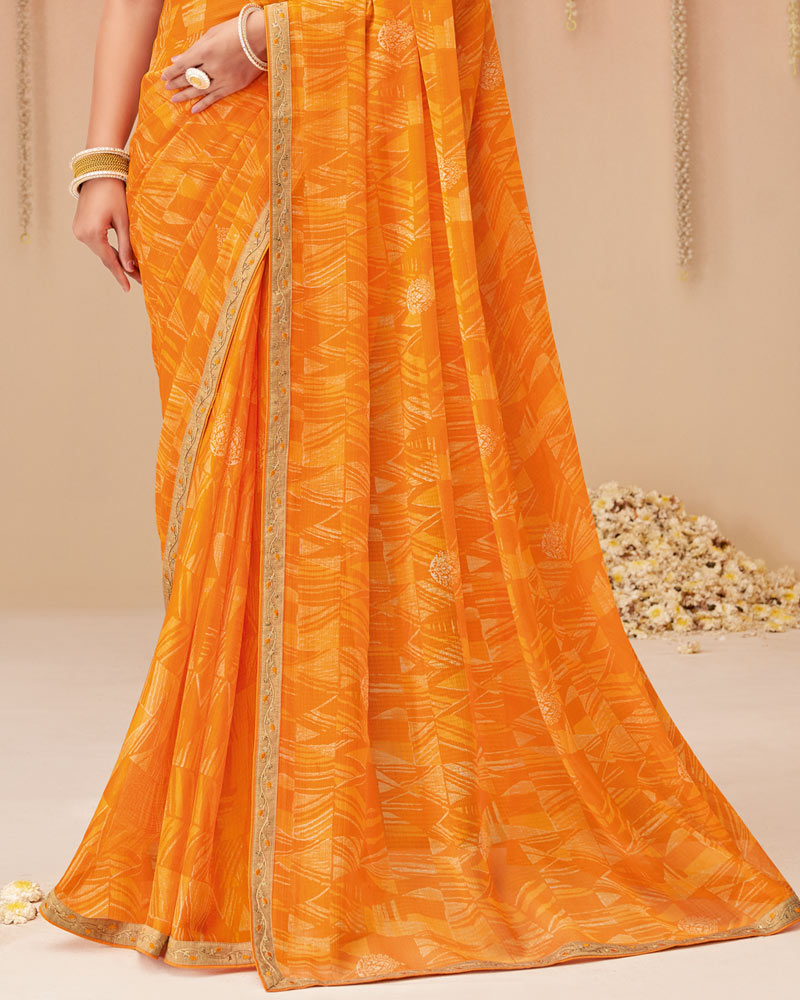 Vishal Prints Saffron Color Printed Chiffon Saree With Fancy Embroidery Work Border