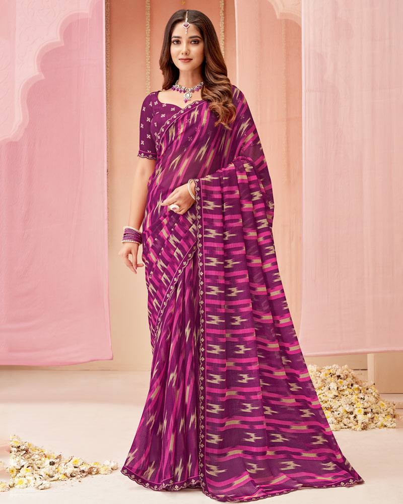 Vishal Prints Deep Magenta Printed Chiffon Saree With Fancy Cut Work Border
