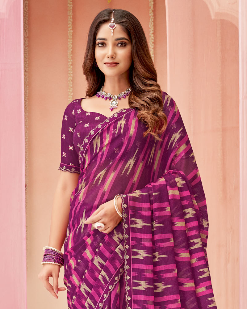 Vishal Prints Deep Magenta Printed Chiffon Saree With Fancy Cut Work Border