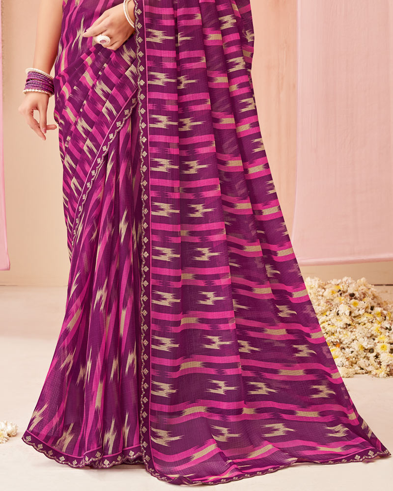 Vishal Prints Deep Magenta Printed Chiffon Saree With Fancy Cut Work Border