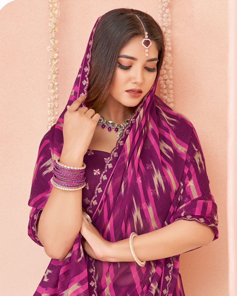 Vishal Prints Deep Magenta Printed Chiffon Saree With Fancy Cut Work Border