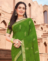 Vishal Prints Olive Green Georgette Saree With Foil Work And Zari Border