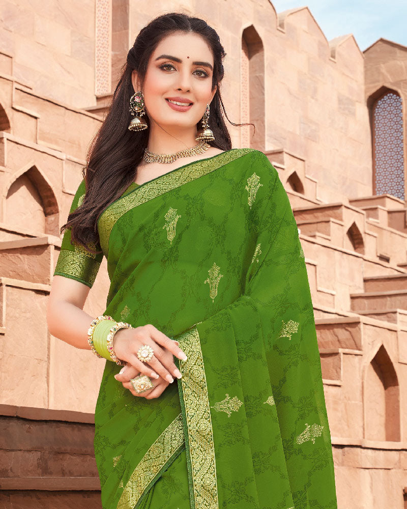Vishal Prints Olive Green Georgette Saree With Foil Work And Zari Border