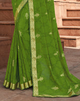 Vishal Prints Olive Green Georgette Saree With Foil Work And Zari Border