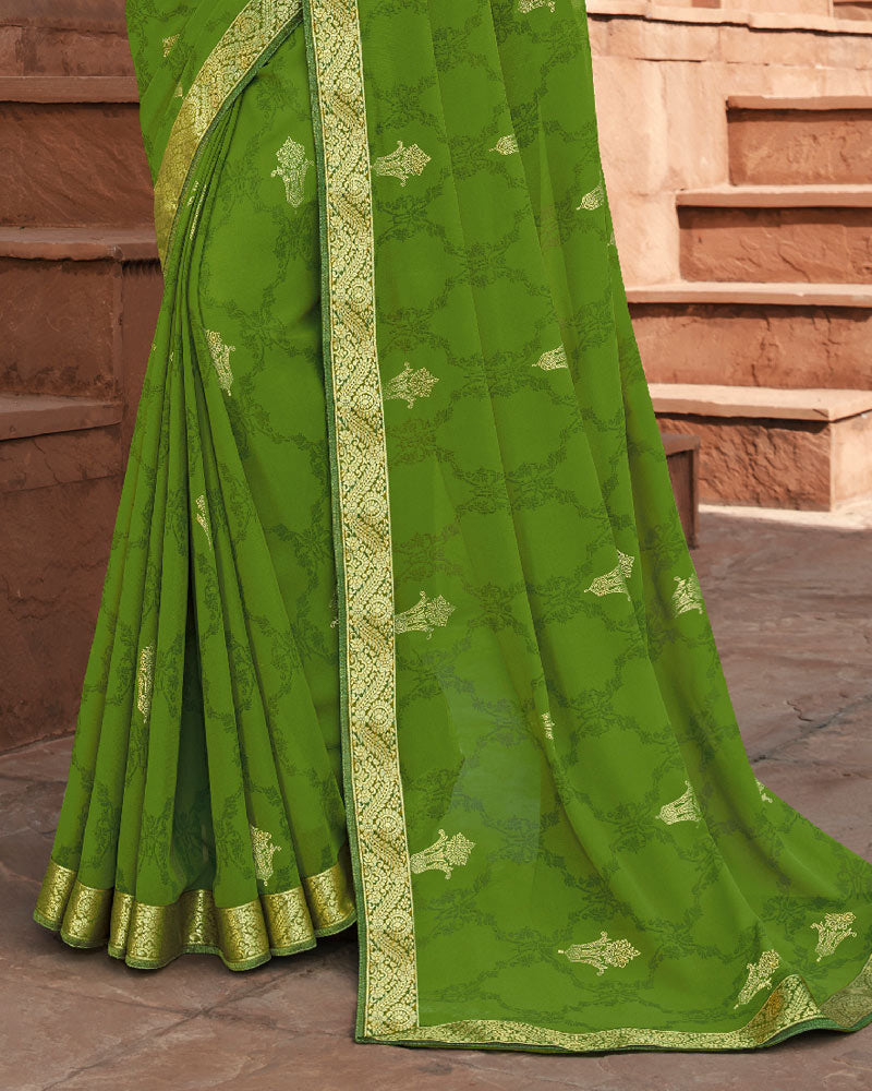 Vishal Prints Olive Green Georgette Saree With Foil Work And Zari Border