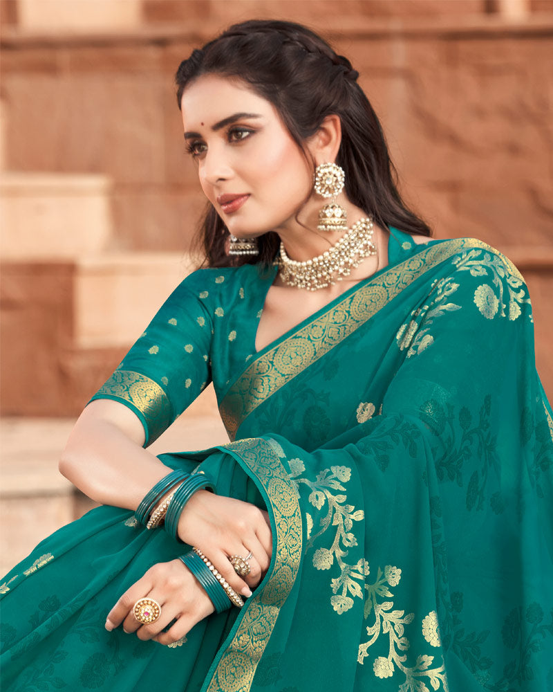 Vishal Prints Teal Green Georgette Saree With Foil Work And Zari Border