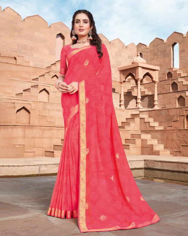 Vishal Prints Rose Pink Georgette Saree With Foil Work And Zari Border