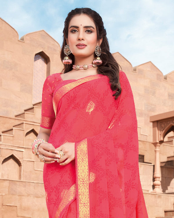 Vishal Prints Rose Pink Georgette Saree With Foil Work And Zari Border