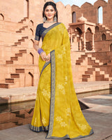 Vishal Prints Light Mustard Georgette Saree With Foil Work And Zari Border