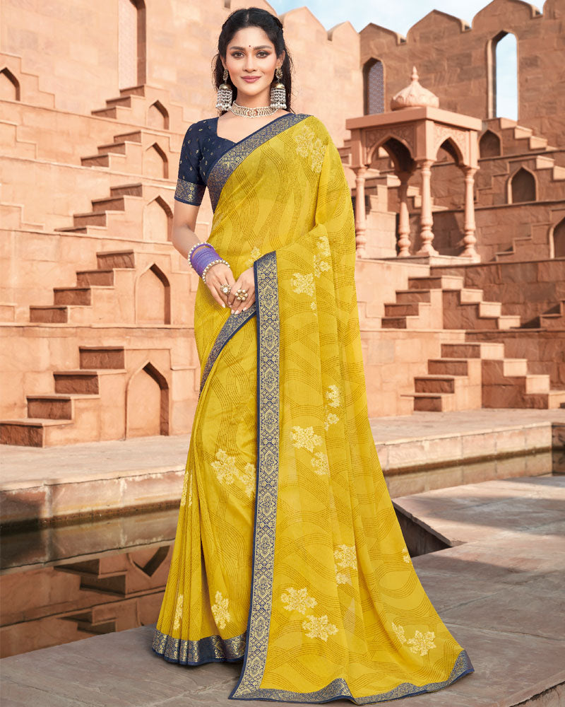 Vishal Prints Light Mustard Georgette Saree With Foil Work And Zari Border