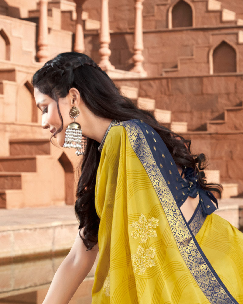 Vishal Prints Light Mustard Georgette Saree With Foil Work And Zari Border