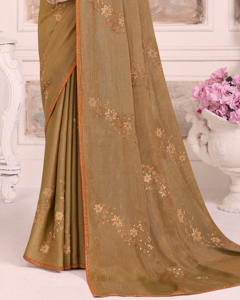 Vishal Prints Limed Oak Designer Fancy Brasso Saree With Embroidery Work And Diamond Piping