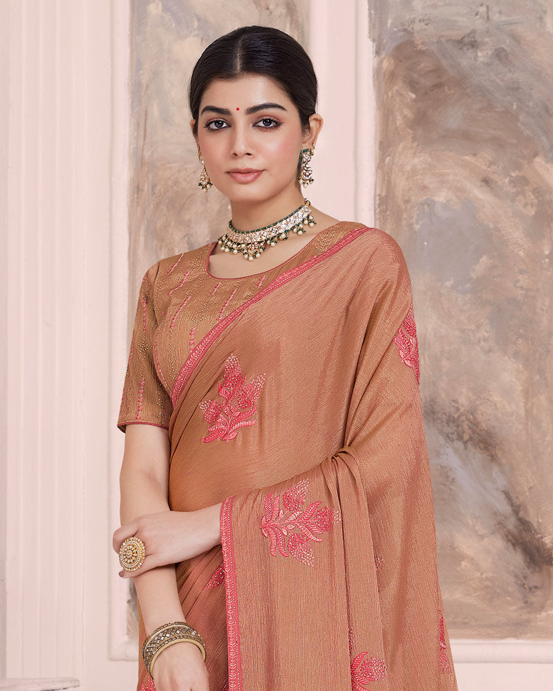 Vishal Prints Antique Brass Designer Fancy Brasso Saree With Embroidery Work And Diamond Piping