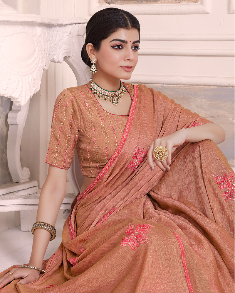Vishal Prints Antique Brass Designer Fancy Brasso Saree With Embroidery Work And Diamond Piping