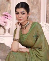 Vishal Prints Shadow Green Designer Fancy Brasso Saree With Embroidery Work And Diamond Piping