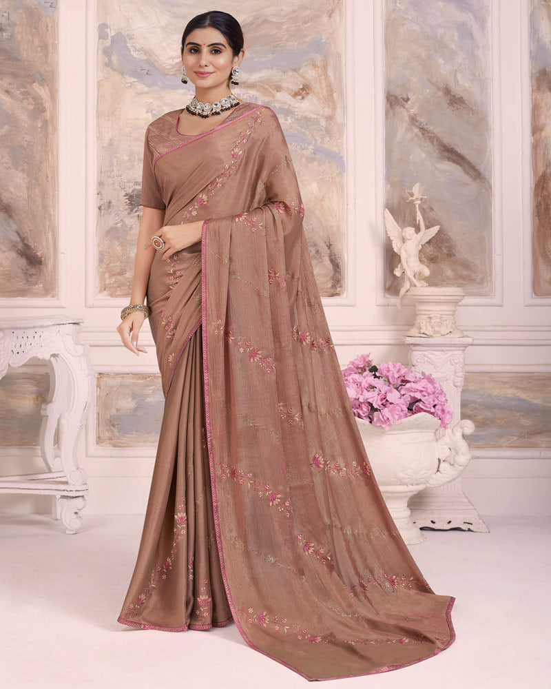 Vishal Prints Leather Brown Designer Fancy Brasso Saree With Embroidery Work And Diamond Piping