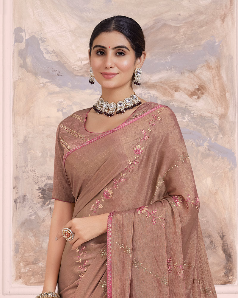 Vishal Prints Leather Brown Designer Fancy Brasso Saree With Embroidery Work And Diamond Piping