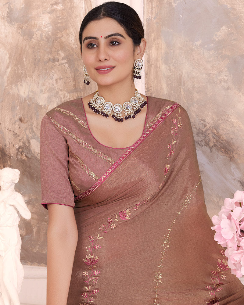 Vishal Prints Leather Brown Designer Fancy Brasso Saree With Embroidery Work And Diamond Piping